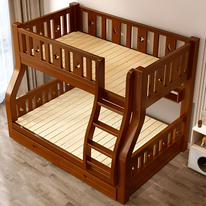 Solid Wood Bunk Bed With Two Storage Drawers, Bookshelf and 2 Mattresses – Double Twin Over Twin Loft Bed for Kids and Adults | Multifunctional Design