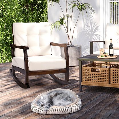 Carbonized Cedar Rocking Chair with Detachable White Cushion – Outdoor & Indoor Rustic Wooden Lounge Chair