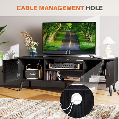 Modern Black TV Stand – Engineered Wood Entertainment Center with Adjustable Shelves and Cable Management