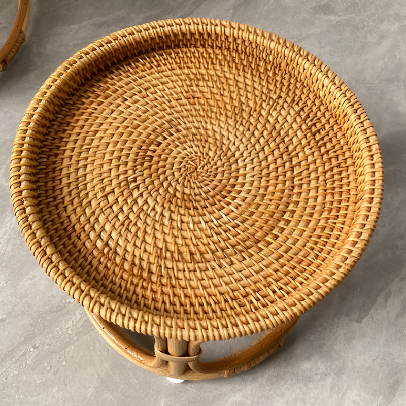 Handmade Rattan Side Table – Round Accent Table for Living Room, Balcony & Snacks Storage