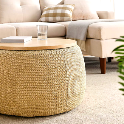 Modern Round Storage Ottoman with Wooden Lid – Handmade Woven Coffee Table, Footstool and End Table for Living Room