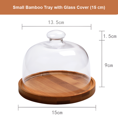 Bamboo Serving Tray with Glass Dome – Fruit, Dessert, Cake & Snack Display Stand