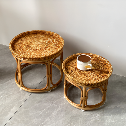 Handmade Rattan Side Table – Round Accent Table for Living Room, Balcony & Snacks Storage