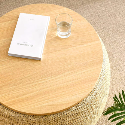 Modern Round Storage Ottoman with Wooden Lid – Handmade Woven Coffee Table, Footstool and End Table for Living Room