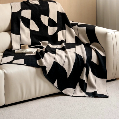 Black & Beige Geometric Throw Blanket – Modern Knit Sofa Couch Decor