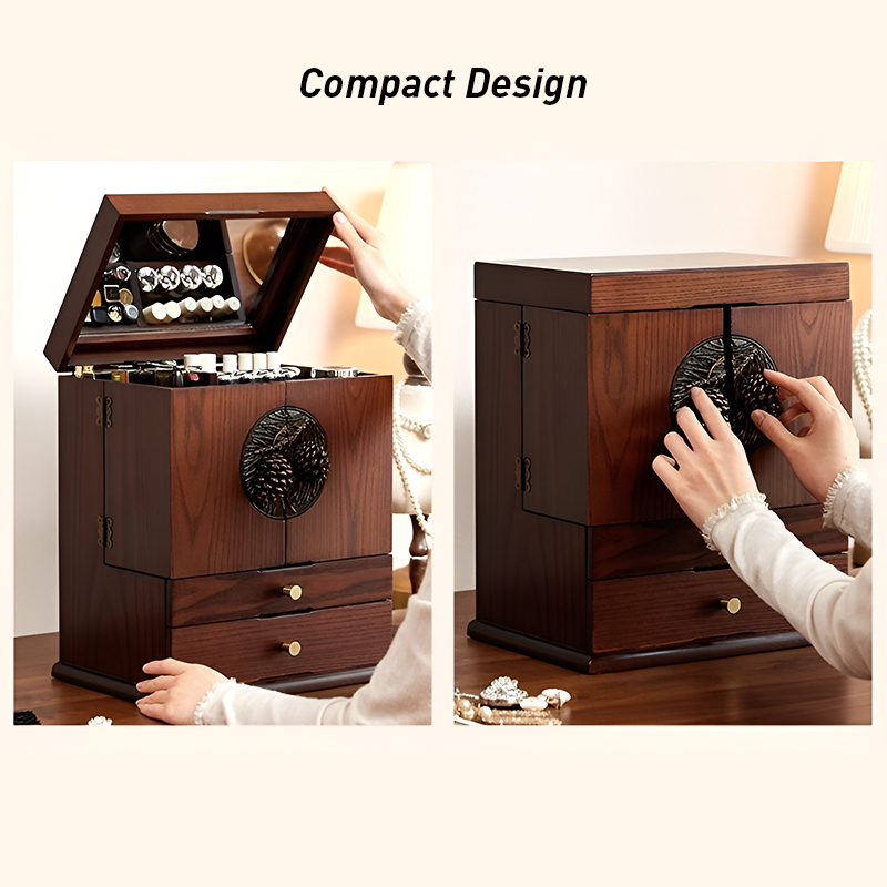 Vintage Wooden Makeup Organizer with Mirror – Multi-Tier Cosmetic Storage Box, Skincare & Jewelry Organizer, Dustproof Vanity Box for Dressing Table