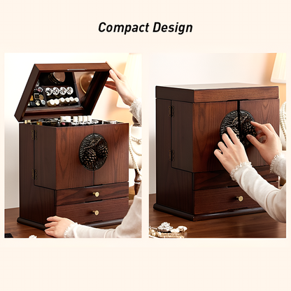 Vintage Wooden Makeup Organizer with Mirror – Multi-Tier Cosmetic Storage Box, Skincare & Jewelry Organizer, Dustproof Vanity Box for Dressing Table