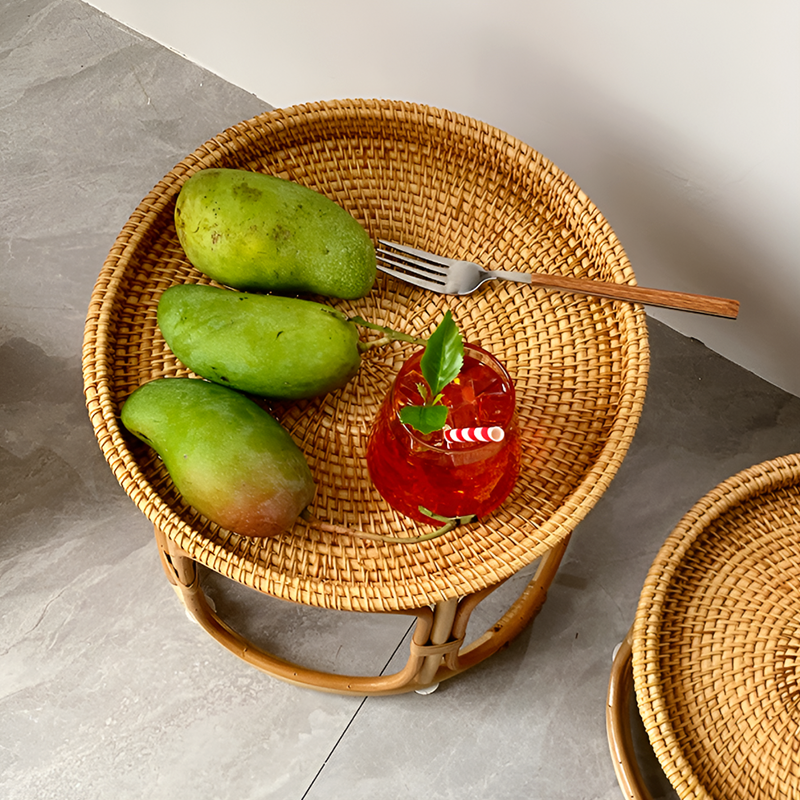 Handmade Rattan Side Table – Round Accent Table for Living Room, Balcony & Snacks Storage