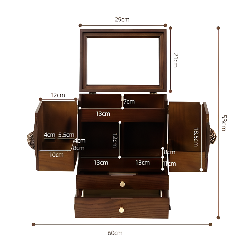 Vintage Wooden Makeup Organizer with Mirror – Multi-Tier Cosmetic Storage Box, Skincare & Jewelry Organizer, Dustproof Vanity Box for Dressing Table