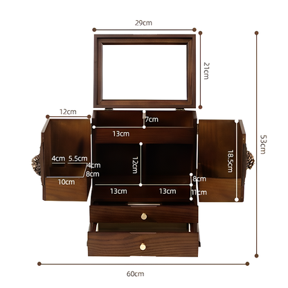 Vintage Wooden Makeup Organizer with Mirror – Multi-Tier Cosmetic Storage Box, Skincare & Jewelry Organizer, Dustproof Vanity Box for Dressing Table