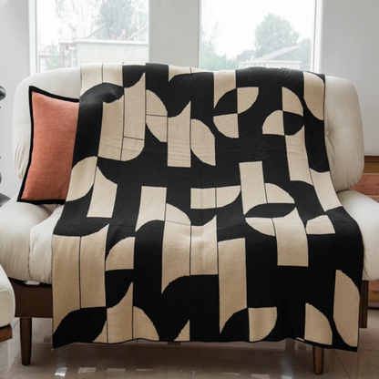 Black & Beige Geometric Throw Blanket – Modern Knit Sofa Couch Decor
