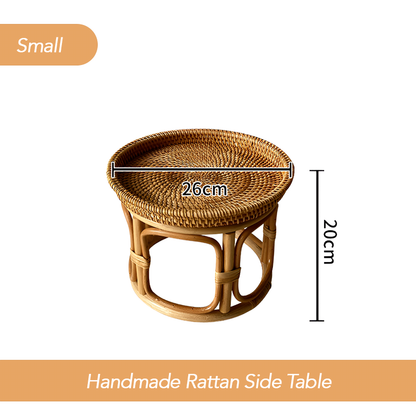 Handmade Rattan Side Table – Round Accent Table for Living Room, Balcony & Snacks Storage
