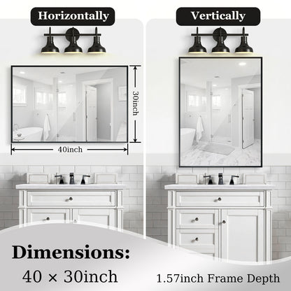 40x30 Inch Black Vanity Mirror – Glossy Framed Bathroom Wall Mirror, Horizontal & Vertical Mounting