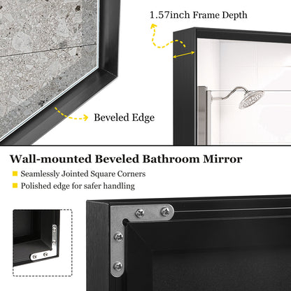 40x30 Inch Black Vanity Mirror – Glossy Framed Bathroom Wall Mirror, Horizontal & Vertical Mounting